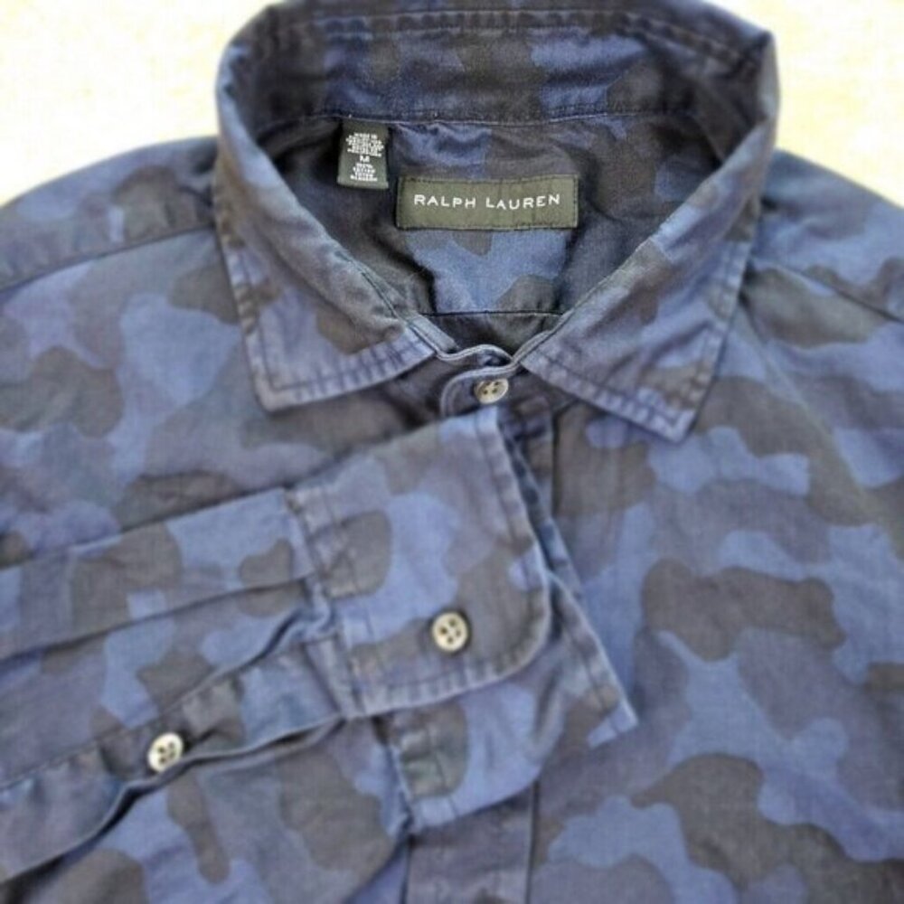 Ralph Lauren Black Label Shirt Blue Camouflage Long Sleeve (Measurement Photos)